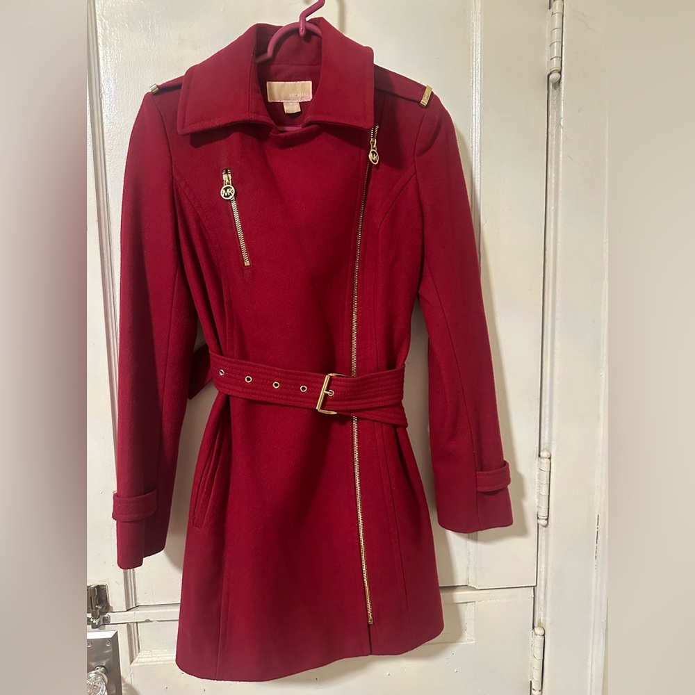 Michael Kors Women's Royal-Red Wool-Blend Zip Front Belted Pockets Coat Size 12